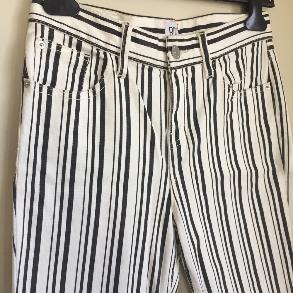 Black and white striped flare jeans